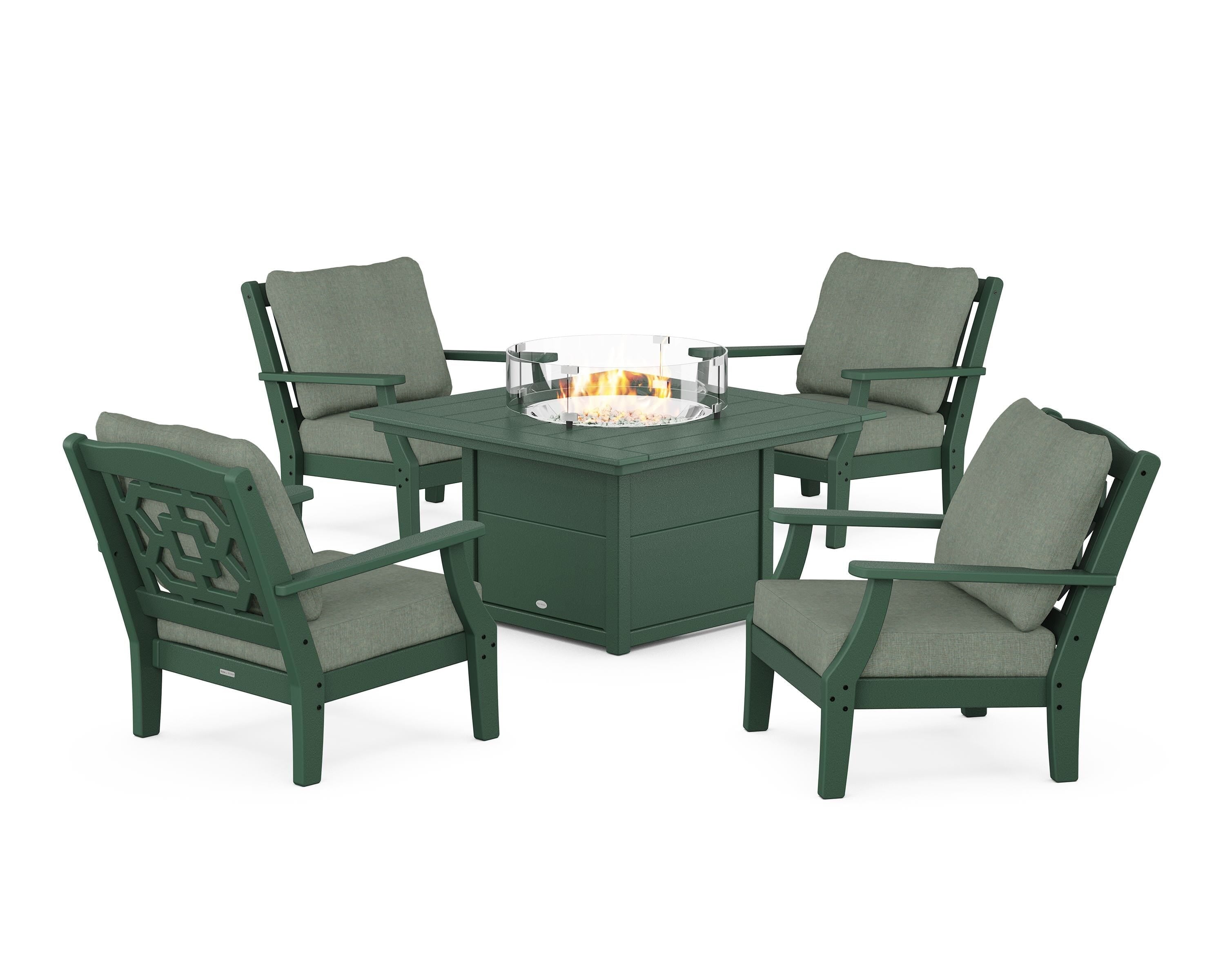 Martha Stewart by POLYWOOD® Chinoiserie 5-Piece Deep Seating Set with Fire Pit Table in Green / Cast Sage