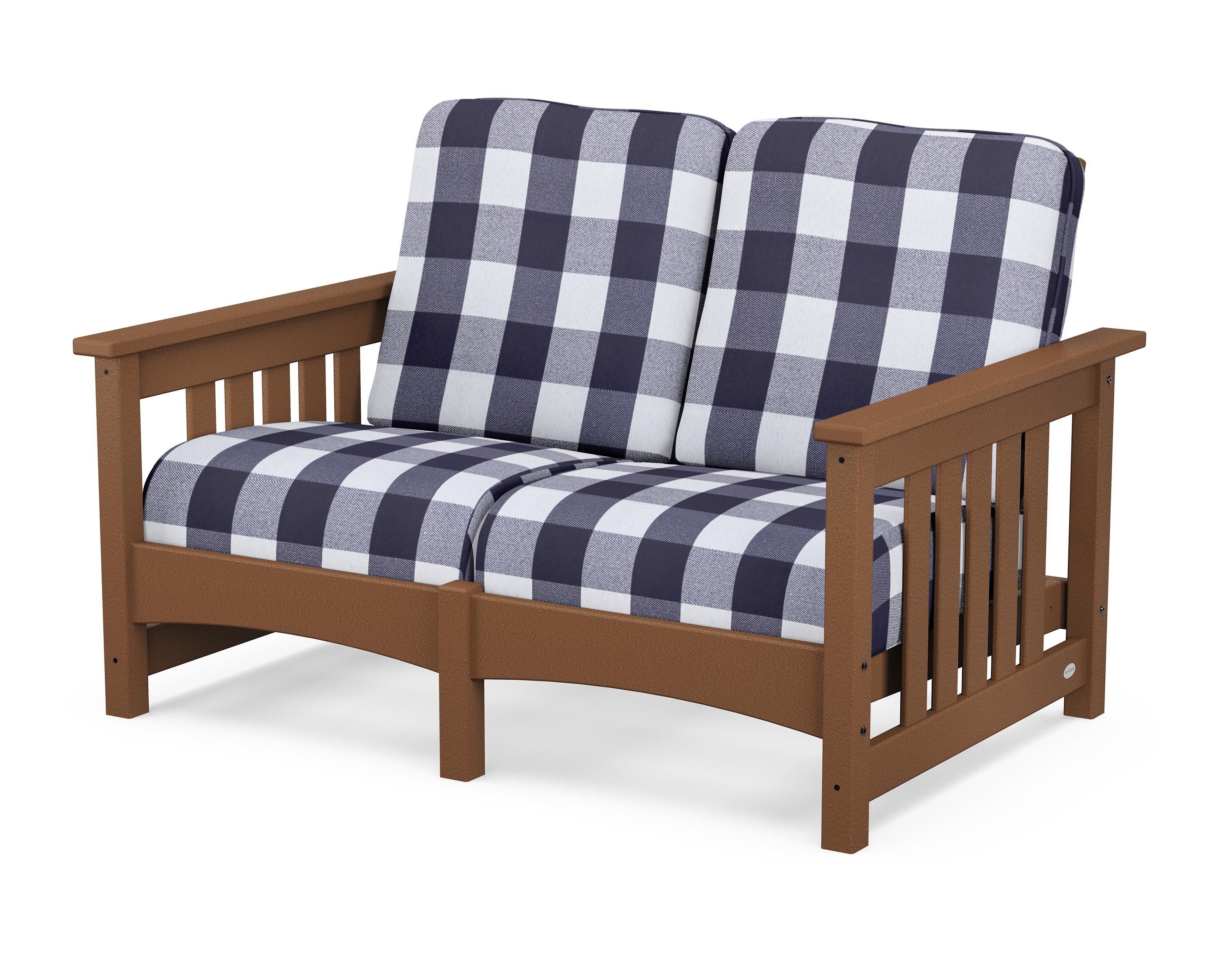 POLYWOOD® Club Mission Loveseat in Teak / Buffalo Plaid Navy