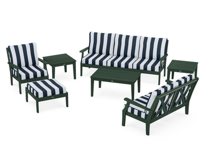 POLYWOOD® Braxton 7-Piece Deep Seating Set in Green / Cabana Stripe Marine Indigo