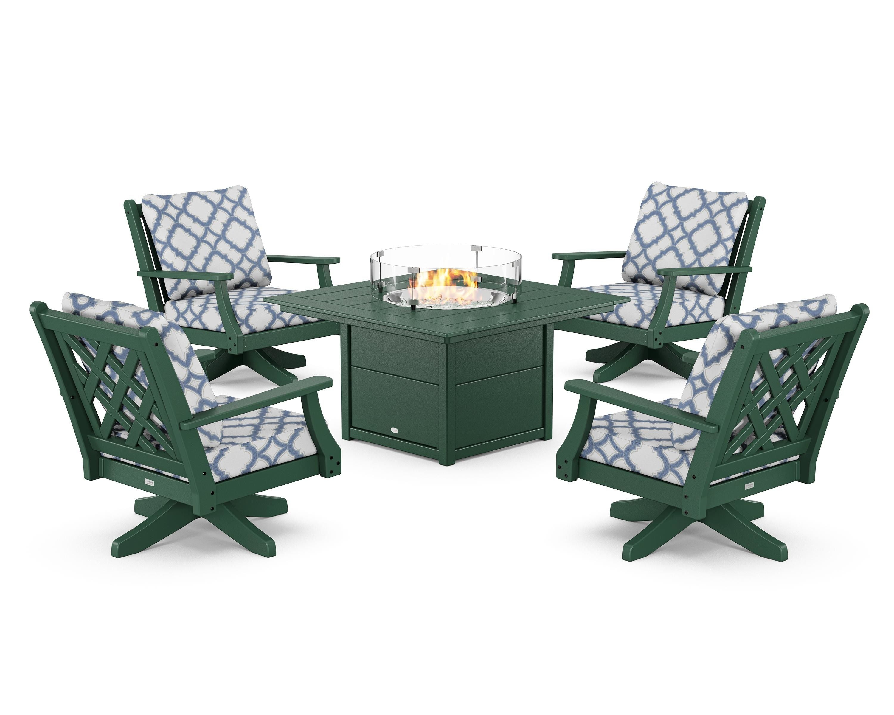 Country Living Wovendale 5-Piece Deep Seating Swivel Conversation Set with Fire Pit Table in Green / Trellis Sky Blue
