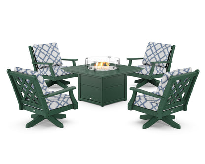 Country Living Wovendale 5-Piece Deep Seating Swivel Conversation Set with Fire Pit Table in Green / Trellis Sky Blue