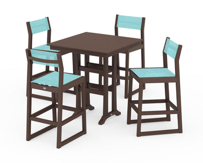 POLYWOOD® EDGE Sling Arm Chair 5-Piece Farmhouse Bar Set with Trestle Legs in Mahogany / Dupioni Aquamarine Sling