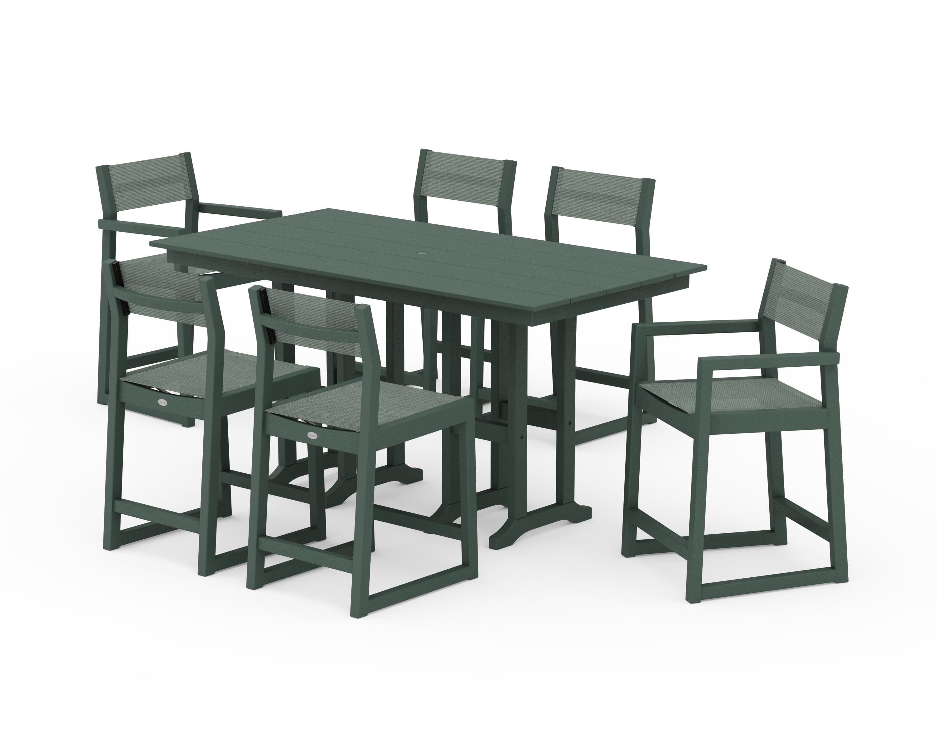 POLYWOOD® EDGE Sling 7-Piece Farmhouse Counter Set in Green / Dupioni Sea Mist Sling
