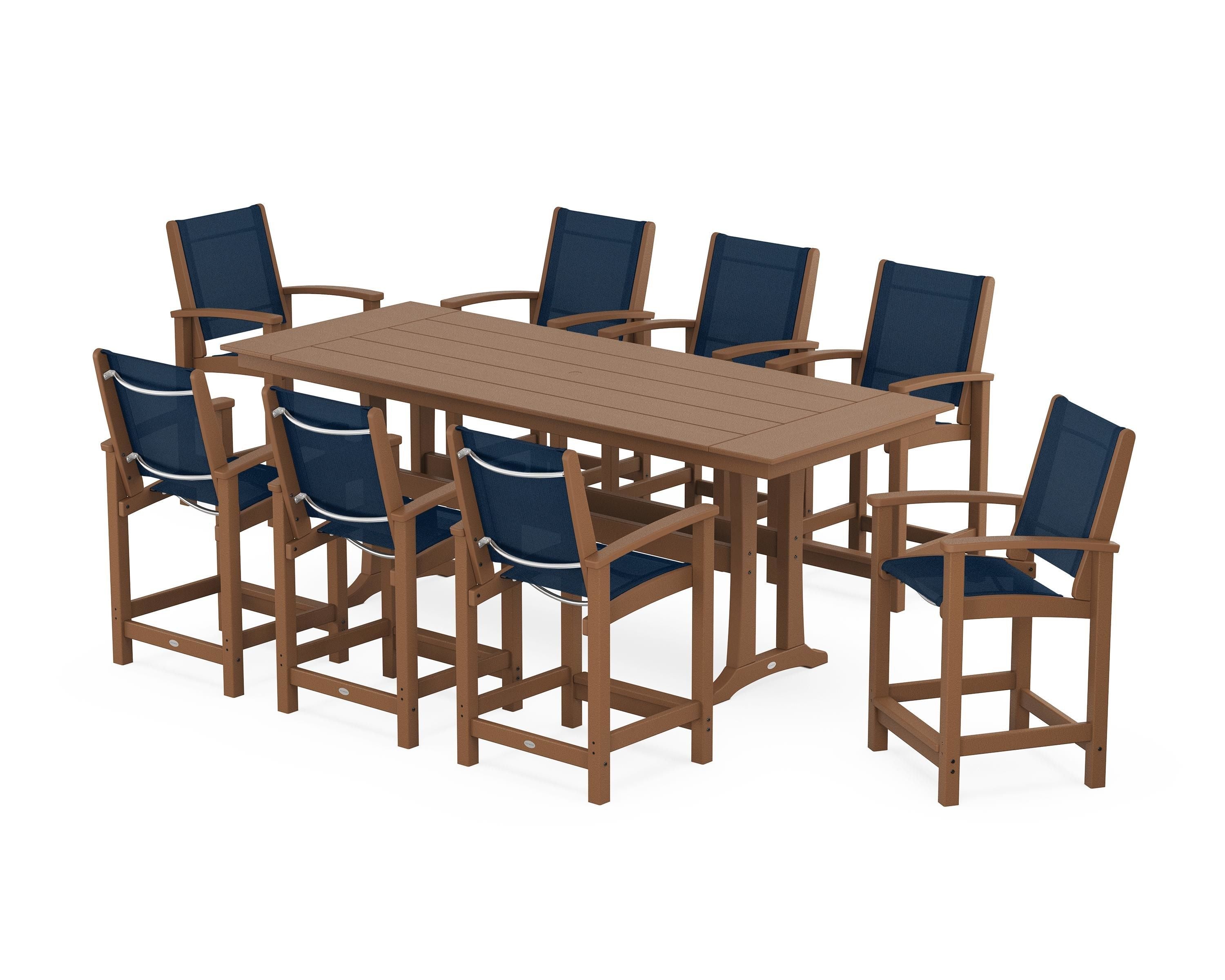 POLYWOOD® Coastal 9-Piece Farmhouse Counter Set with Trestle Legs in Teak / Navy Blue Sling