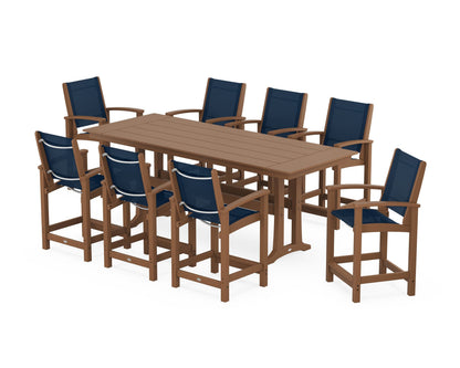 POLYWOOD® Coastal 9-Piece Farmhouse Counter Set with Trestle Legs in Teak / Navy Blue Sling