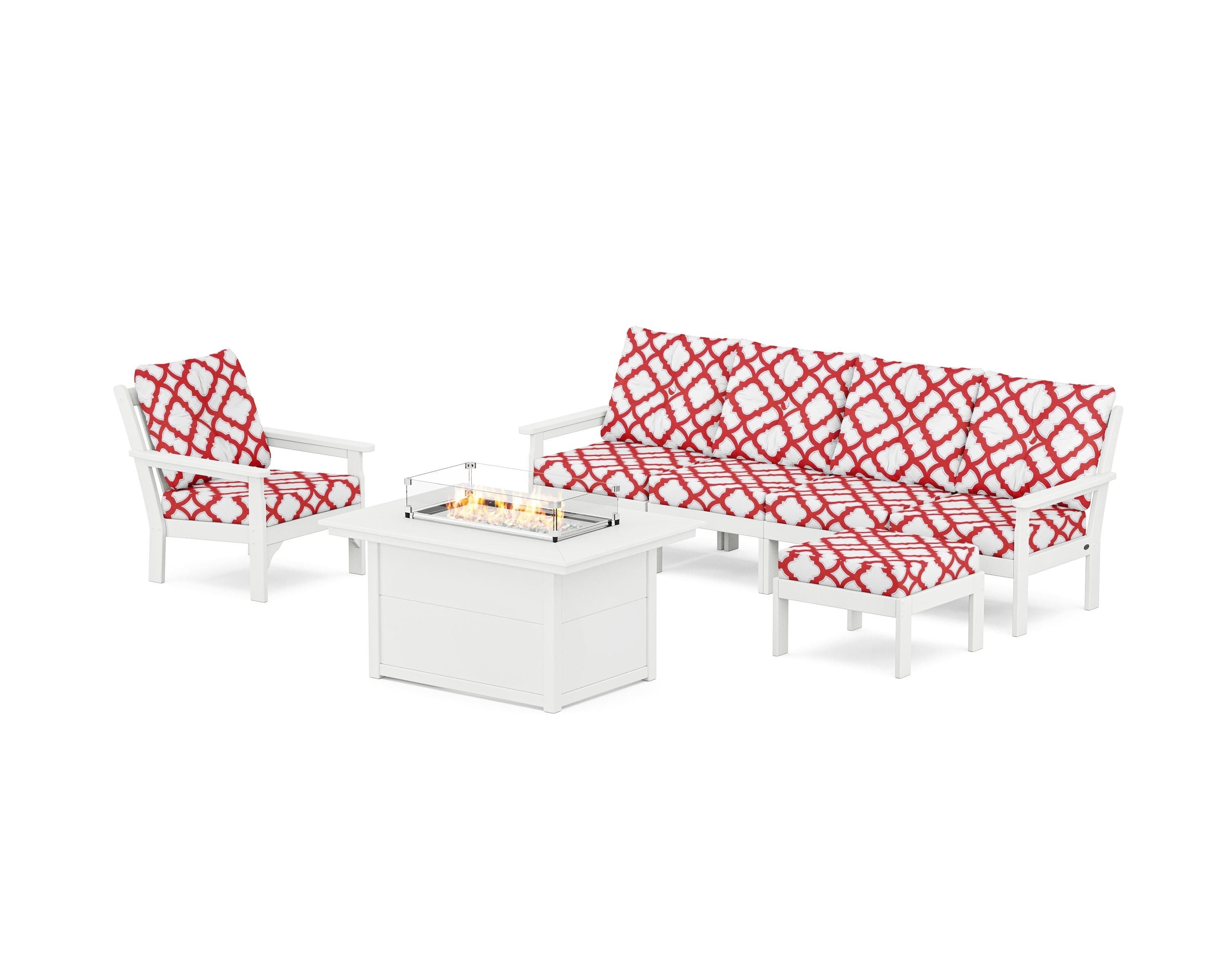 POLYWOOD® Vineyard Sectional Lounge and Fire Pit Set in White / Trellis Crimson