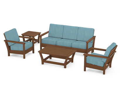 POLYWOOD® Harbour 5-Piece Deep Seating Set in Teak / Lattice Sky Blue