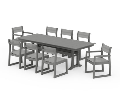 POLYWOOD® EDGE Sling 9-Piece Farmhouse Trestle Dining Set in Slate Grey / Metallic Sling