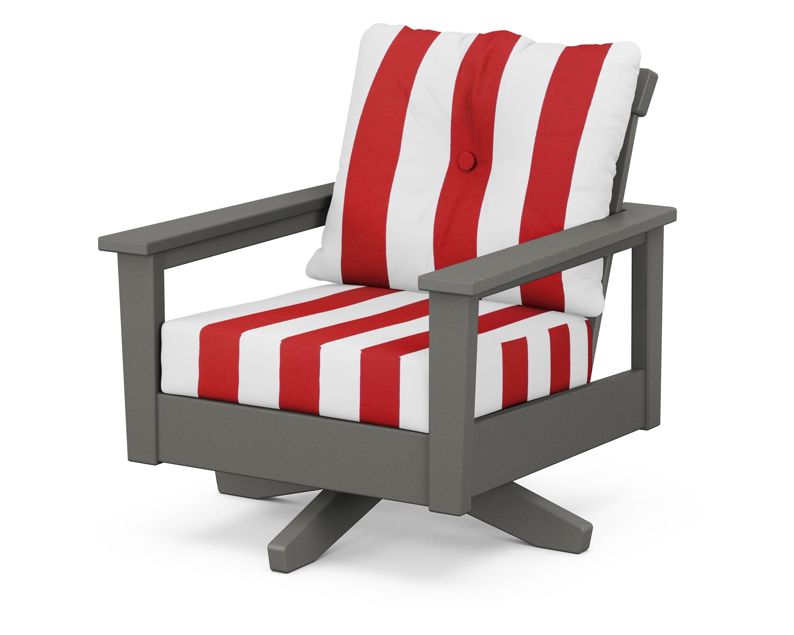POLYWOOD® Prescott Deep Seating Swivel Chair in Slate Grey / Cabana Stripe Crimson