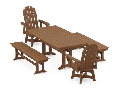 POLYWOOD® Vineyard Adirondack Swivel Chair 5-Piece Dining Set with Trestle Legs and Benches in Teak