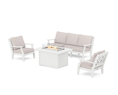 Martha Stewart by POLYWOOD® Chinoiserie Deep Seating Fire Pit Table Set in White / Dune Burlap
