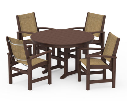 POLYWOOD® Coastal 5-Piece Round Farmhouse Dining Set in Mahogany / Burlap Sling