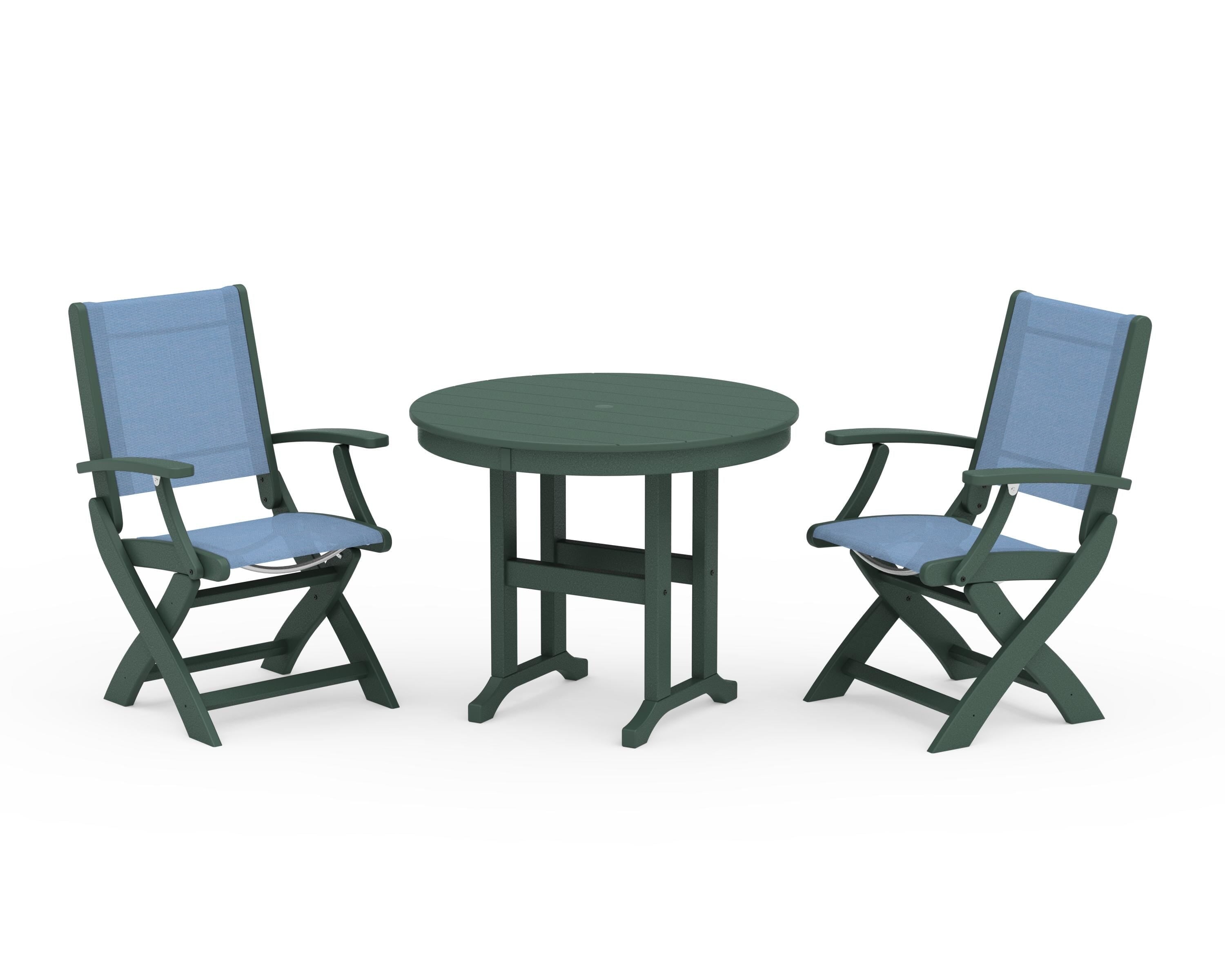 POLYWOOD® Coastal Folding Chair 3-Piece Round Dining Set in Green / Poolside Sling