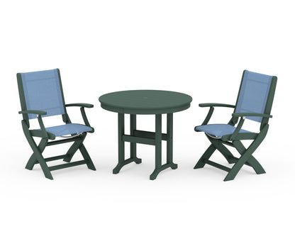 POLYWOOD® Coastal Folding Chair 3-Piece Round Dining Set in Green / Poolside Sling