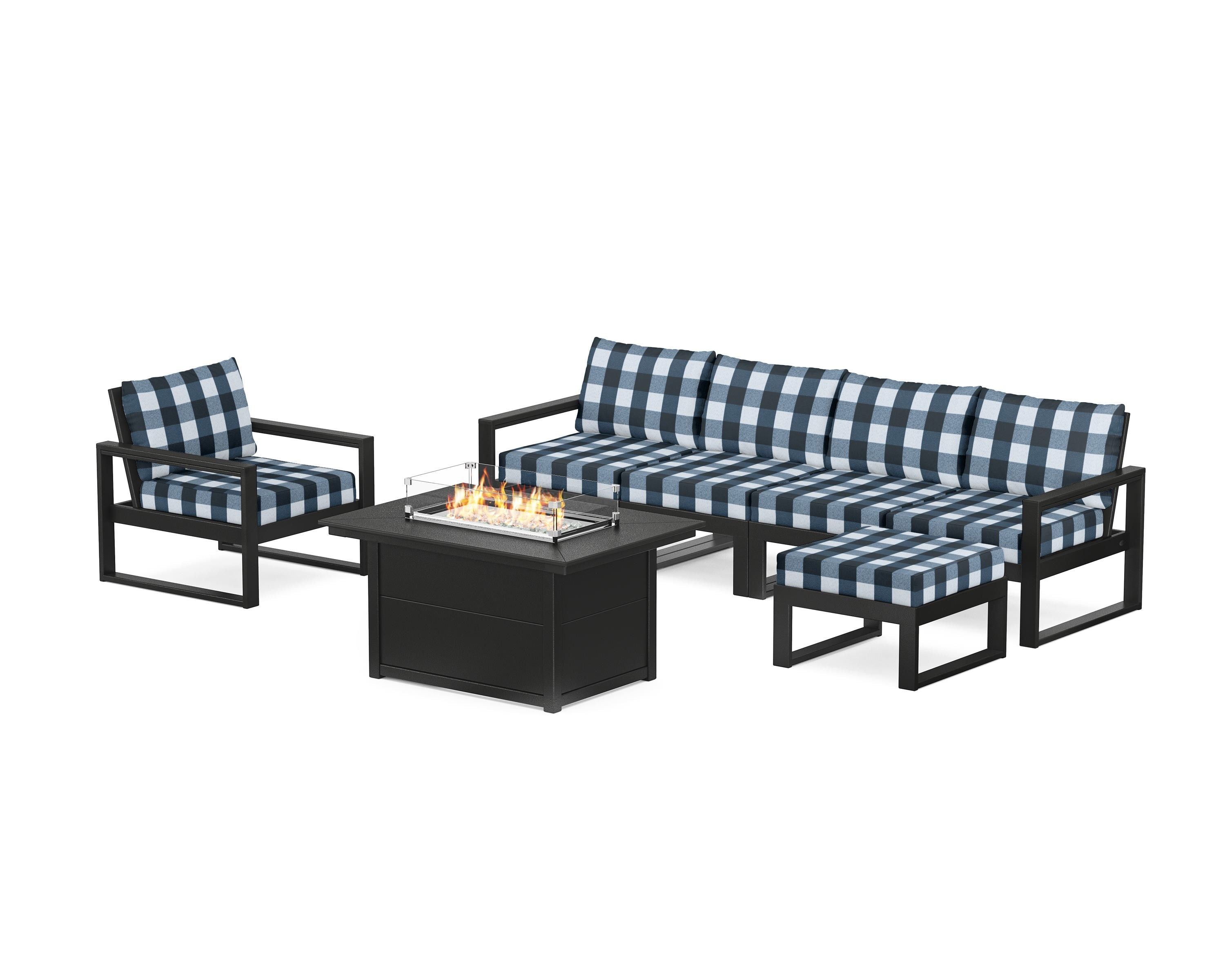 POLYWOOD® EDGE Sectional Lounge and Fire Pit Set in Black / Buffalo Plaid Marine Indigo