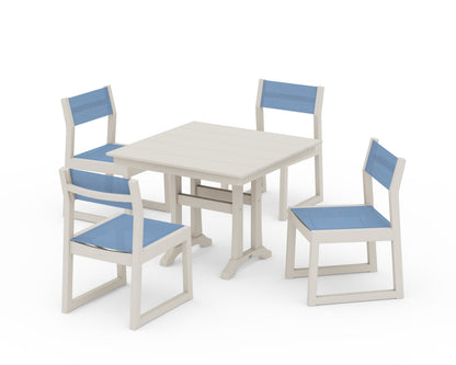 POLYWOOD® EDGE Sling 5-Piece Farmhouse Trestle Side Chair Dining Set in Sand / Poolside Sling