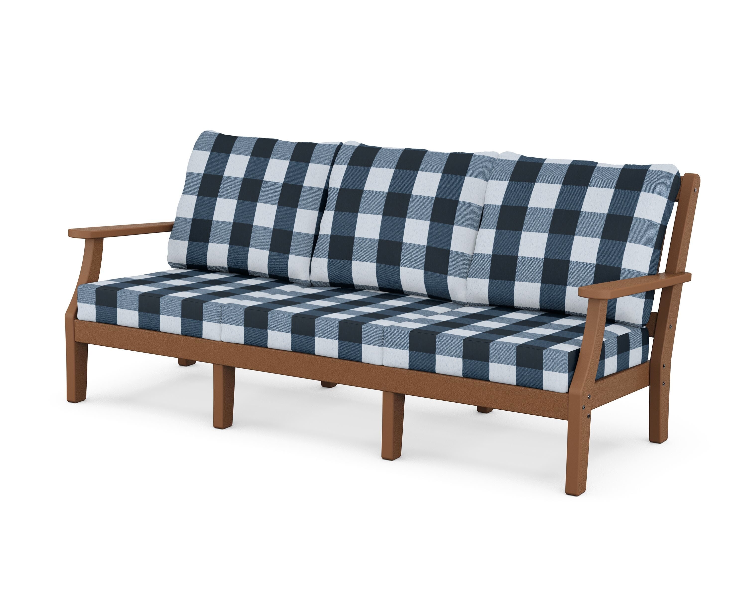 Martha Stewart by POLYWOOD® Chinoiserie Deep Seating Sofa in Teak / Buffalo Plaid Marine Indigo