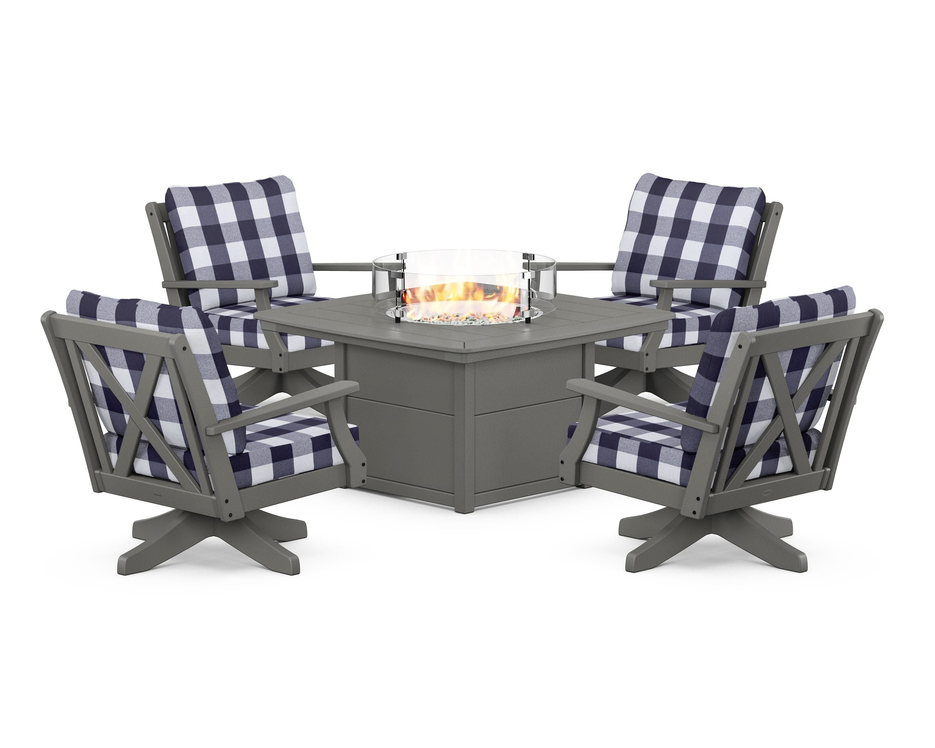 POLYWOOD® Braxton 5-Piece Deep Seating Swivel Conversation Set with Fire Pit Table in Slate Grey / Buffalo Plaid Navy