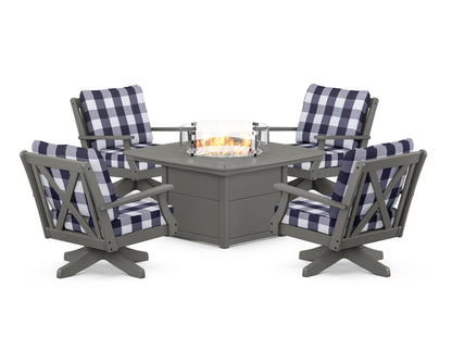 POLYWOOD® Braxton 5-Piece Deep Seating Swivel Conversation Set with Fire Pit Table in Slate Grey / Buffalo Plaid Navy