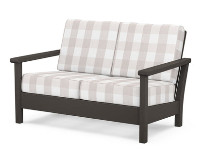 POLYWOOD® Harbour Deep Seating Loveseat in Vintage Coffee / Buffalo Plaid Dune Burlap
