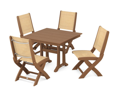 POLYWOOD® Coastal Folding Side Chair 5-Piece Farmhouse Dining Set With Trestle Legs in Teak / Dupioni Apricot Sling