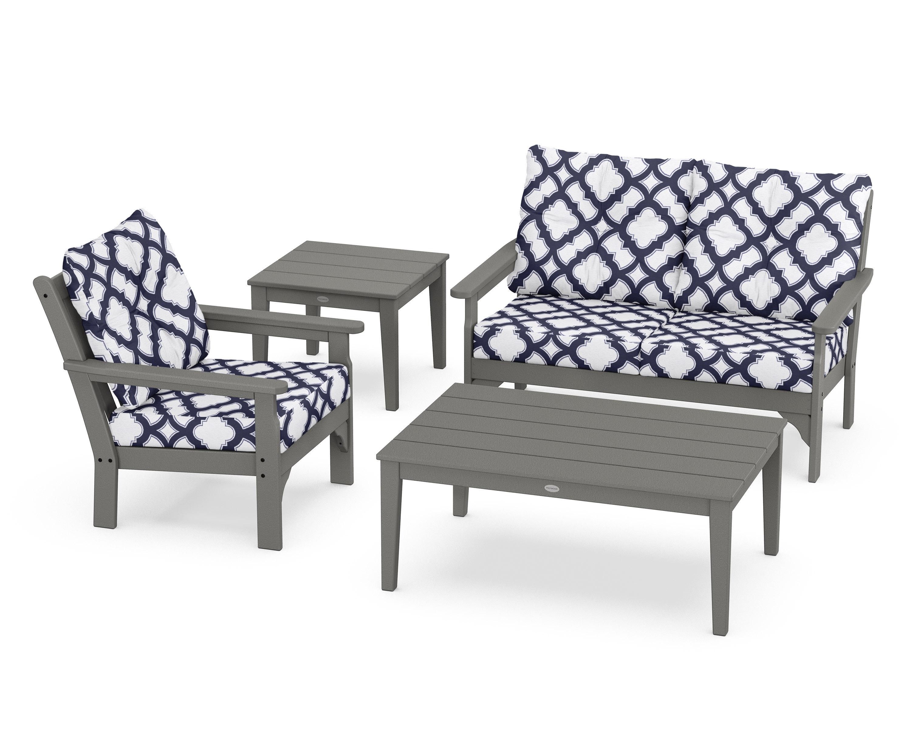 POLYWOOD® Vineyard 4-Piece Deep Seating Set in Slate Grey / Trellis Navy