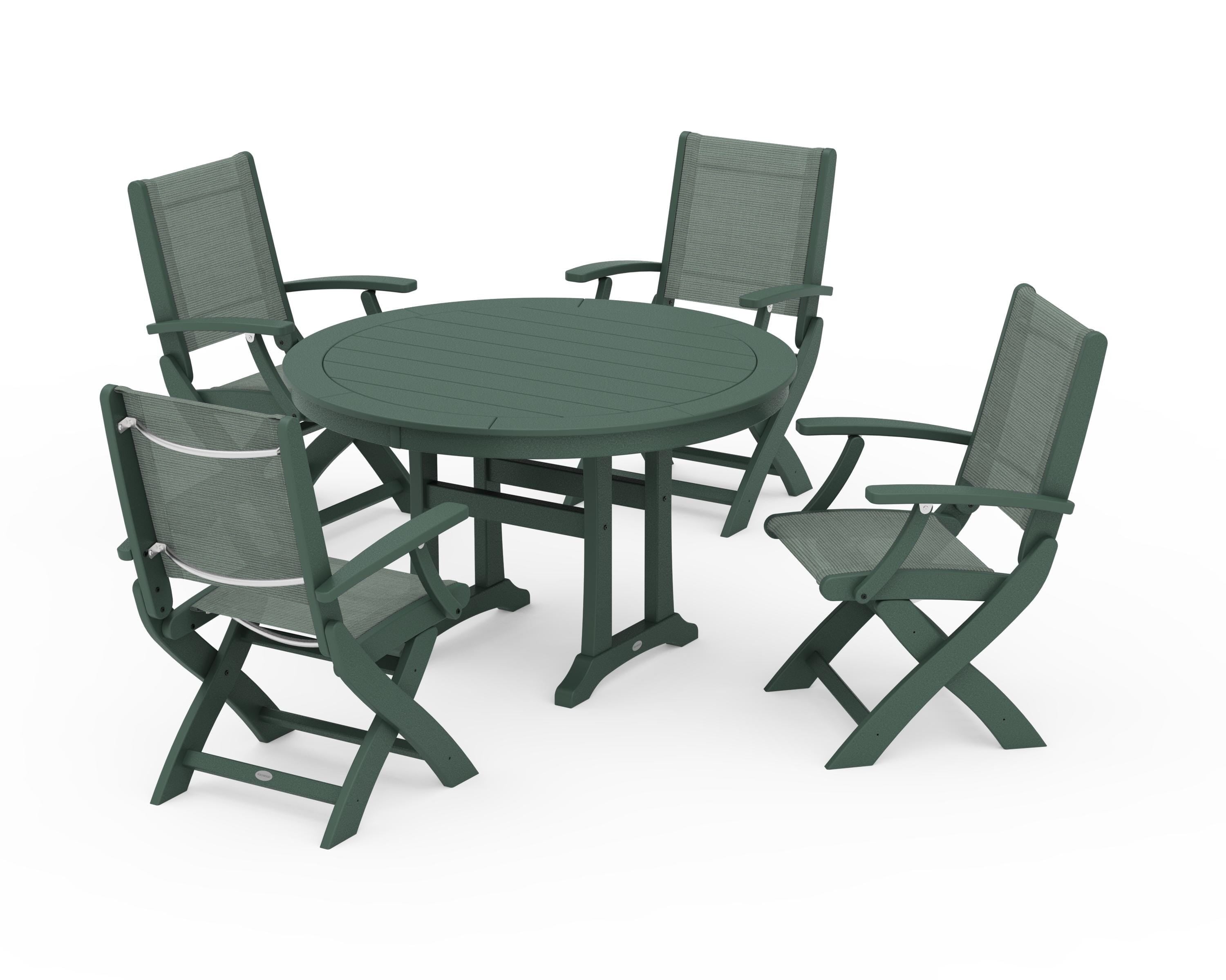 POLYWOOD® Coastal Folding Chair 5-Piece Round Dining Set with Trestle Legs in Green / Dupioni Sea Mist Sling