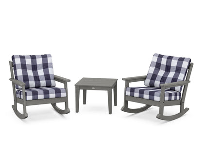 POLYWOOD® Vineyard 3-Piece Deep Seating Rocker Set in Slate Grey / Buffalo Plaid Navy