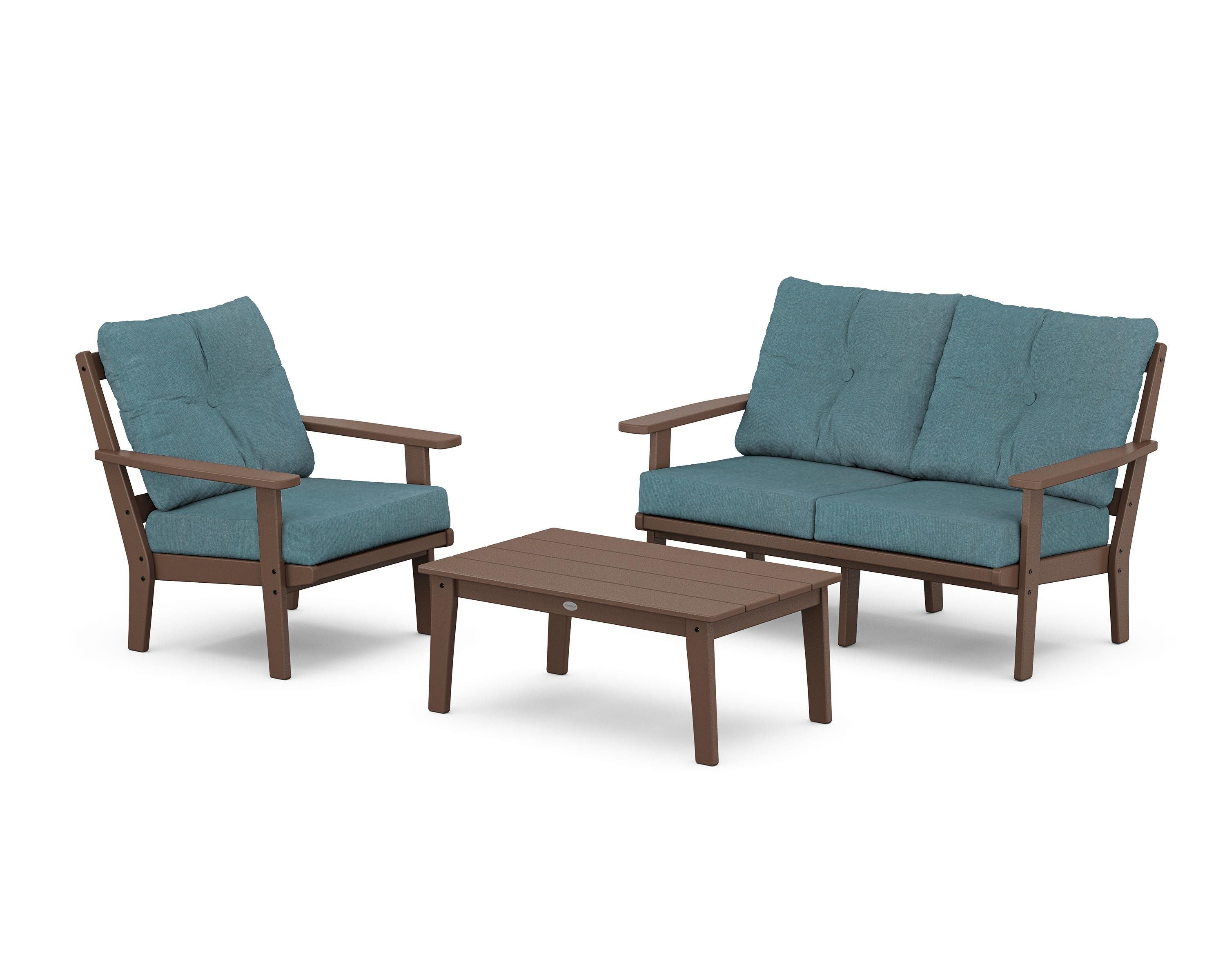 POLYWOOD® Oxford 3-Piece Deep Seating Set with Loveseat in Mahogany / Ocean Teal