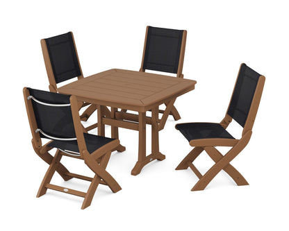 POLYWOOD® Coastal Folding Side Chair 5-Piece Dining Set with Trestle Legs in Teak / Black Sling