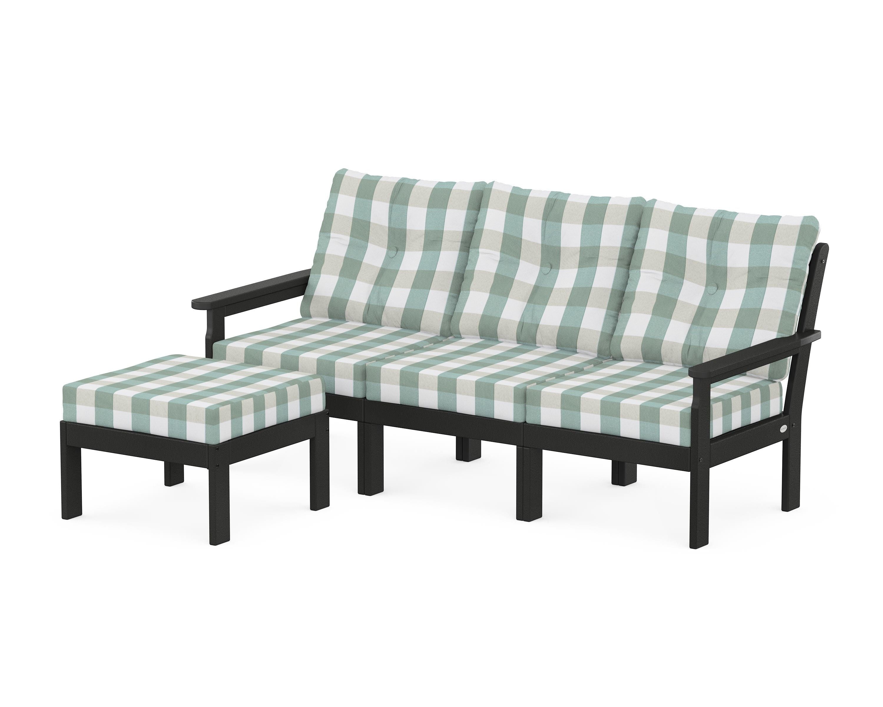 POLYWOOD® Vineyard 4-Piece Sectional with Ottoman in Black / Buffalo Plaid Glacier Spa