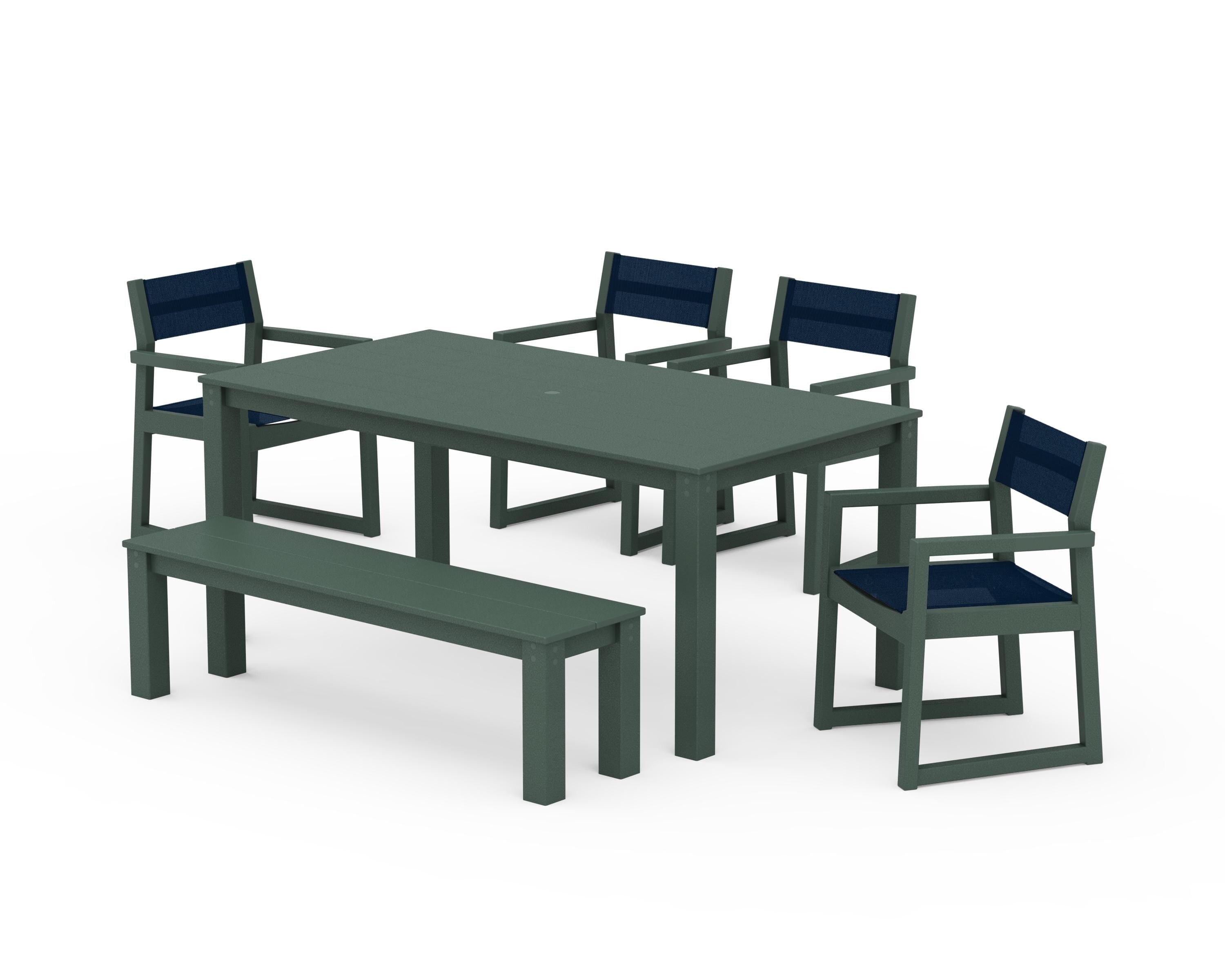 POLYWOOD® EDGE Sling Arm Chair 6-Piece Parsons Dining Set with Bench in Green / Navy Blue Sling