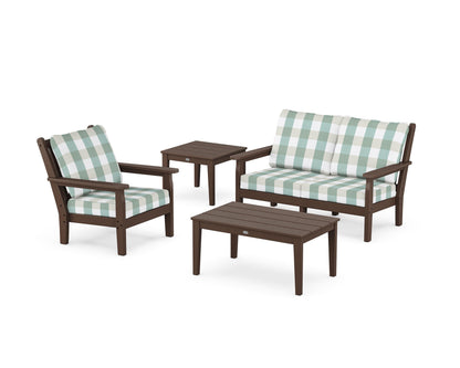 POLYWOOD® Chippendale 4-Piece Deep Seating Set in Mahogany / Buffalo Plaid Glacier Spa