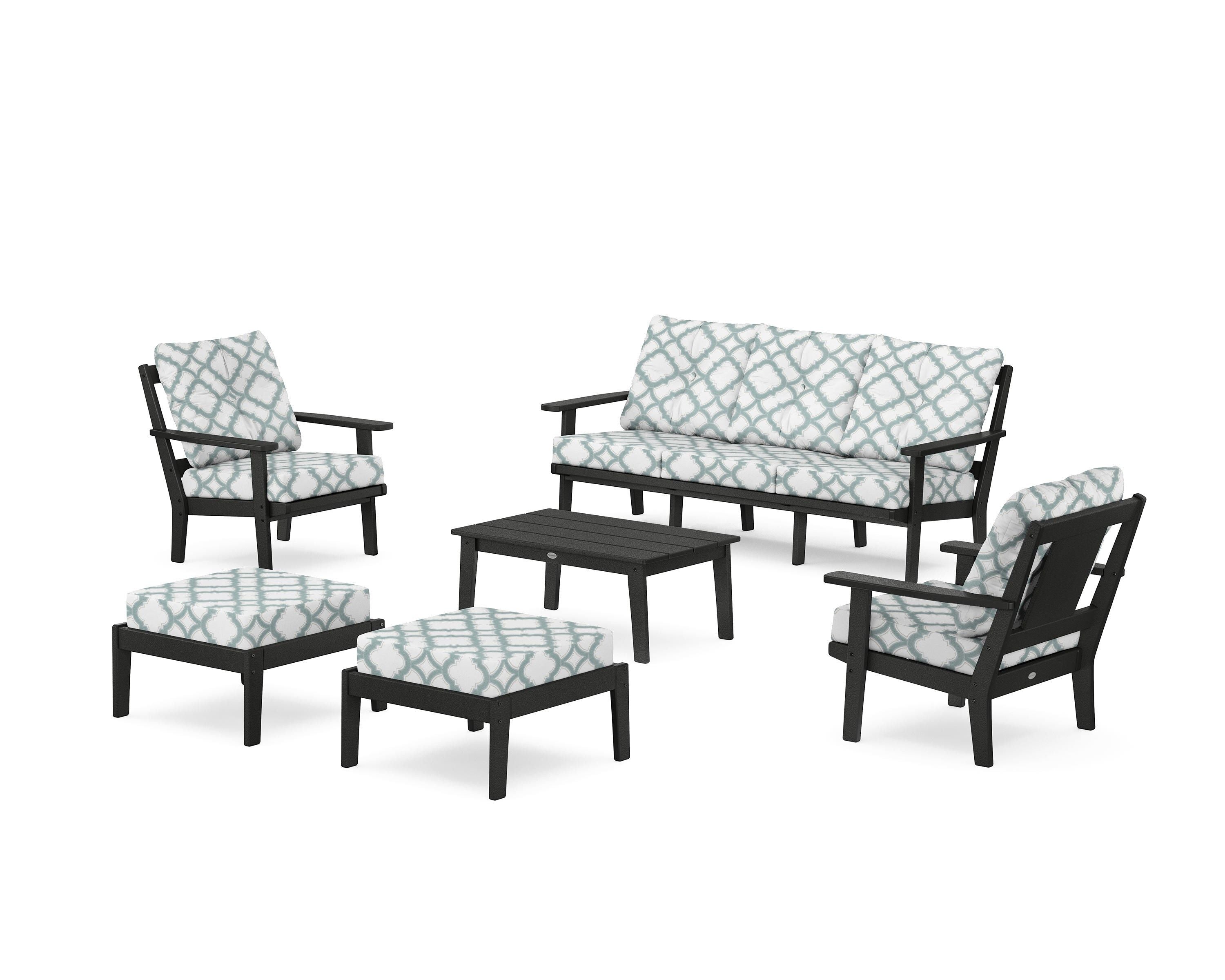 POLYWOOD® Prairie 6-Piece Lounge Sofa Set in Black / Trellis Glacier Spa
