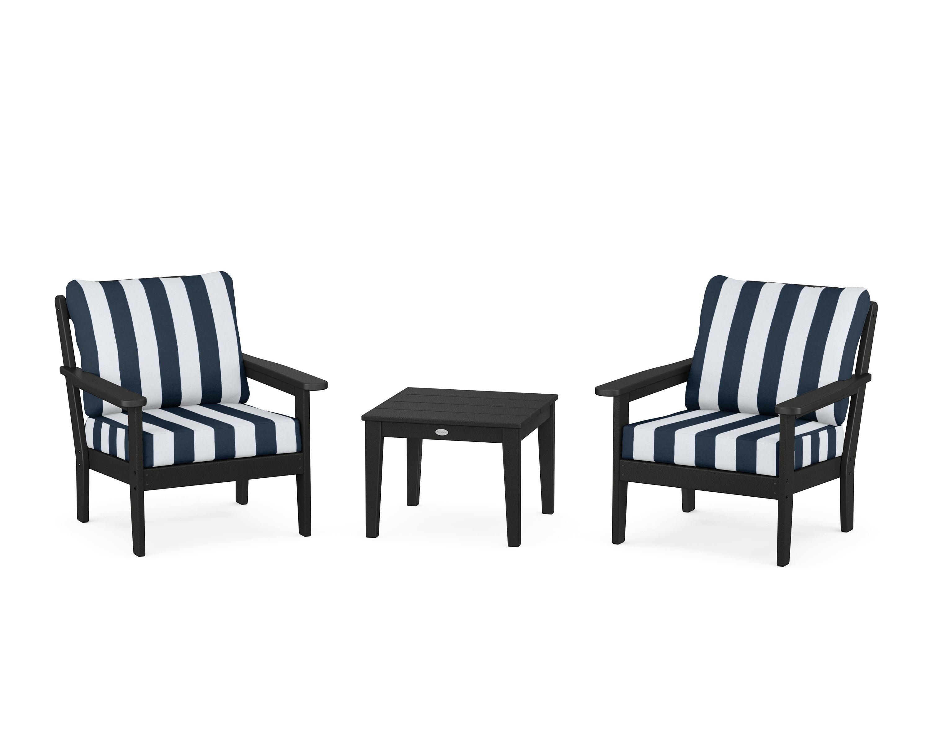 Country Living Cottage 3-Piece Deep Seating Set in Black / Cabana Stripe Marine Indigo