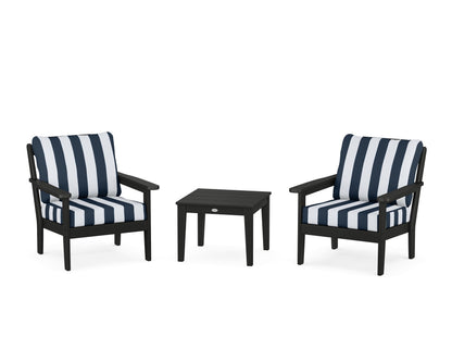 Country Living Cottage 3-Piece Deep Seating Set in Black / Cabana Stripe Marine Indigo