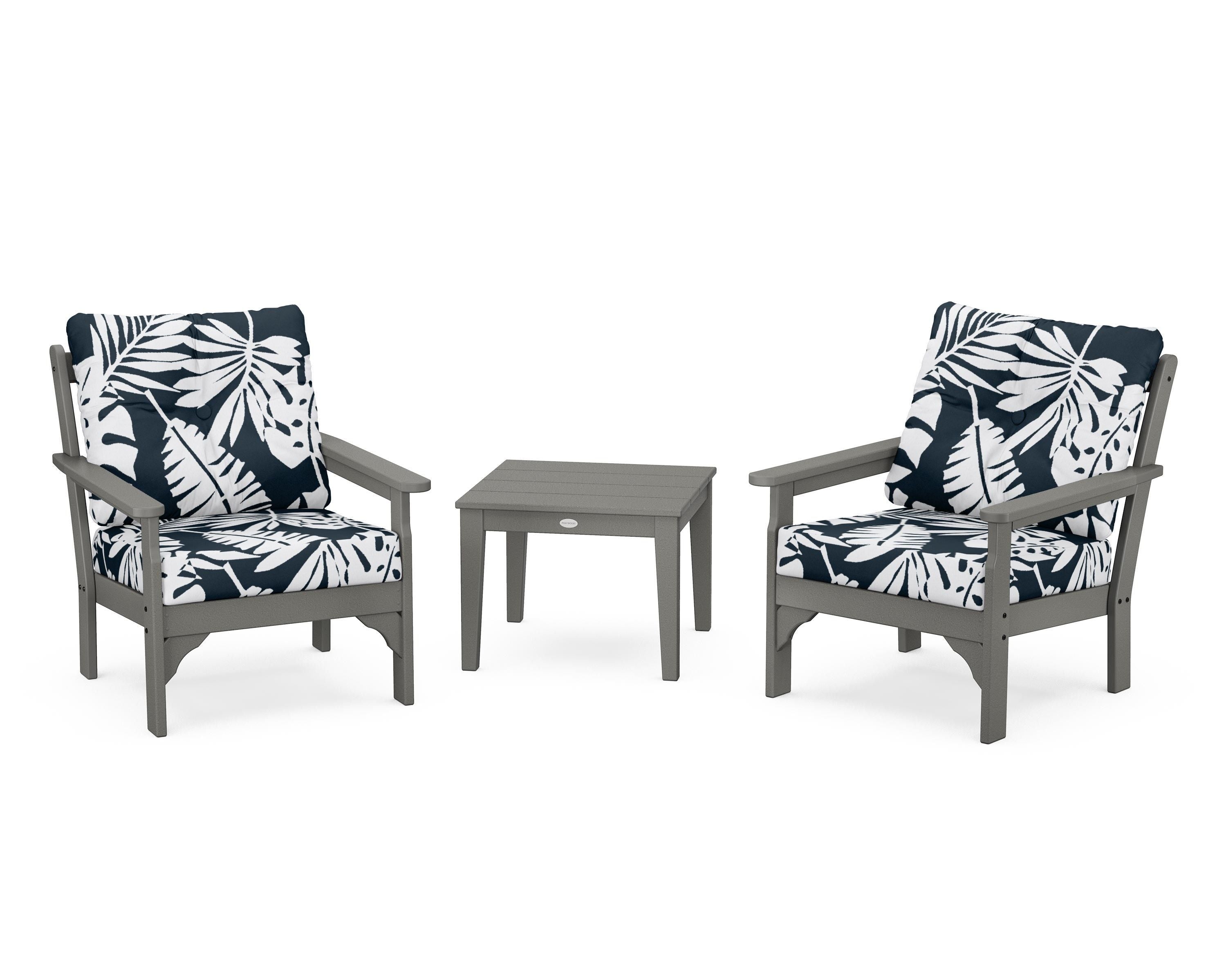 POLYWOOD® Vineyard 3-Piece Deep Seating Set in Slate Grey / Leaf Marine Indigo