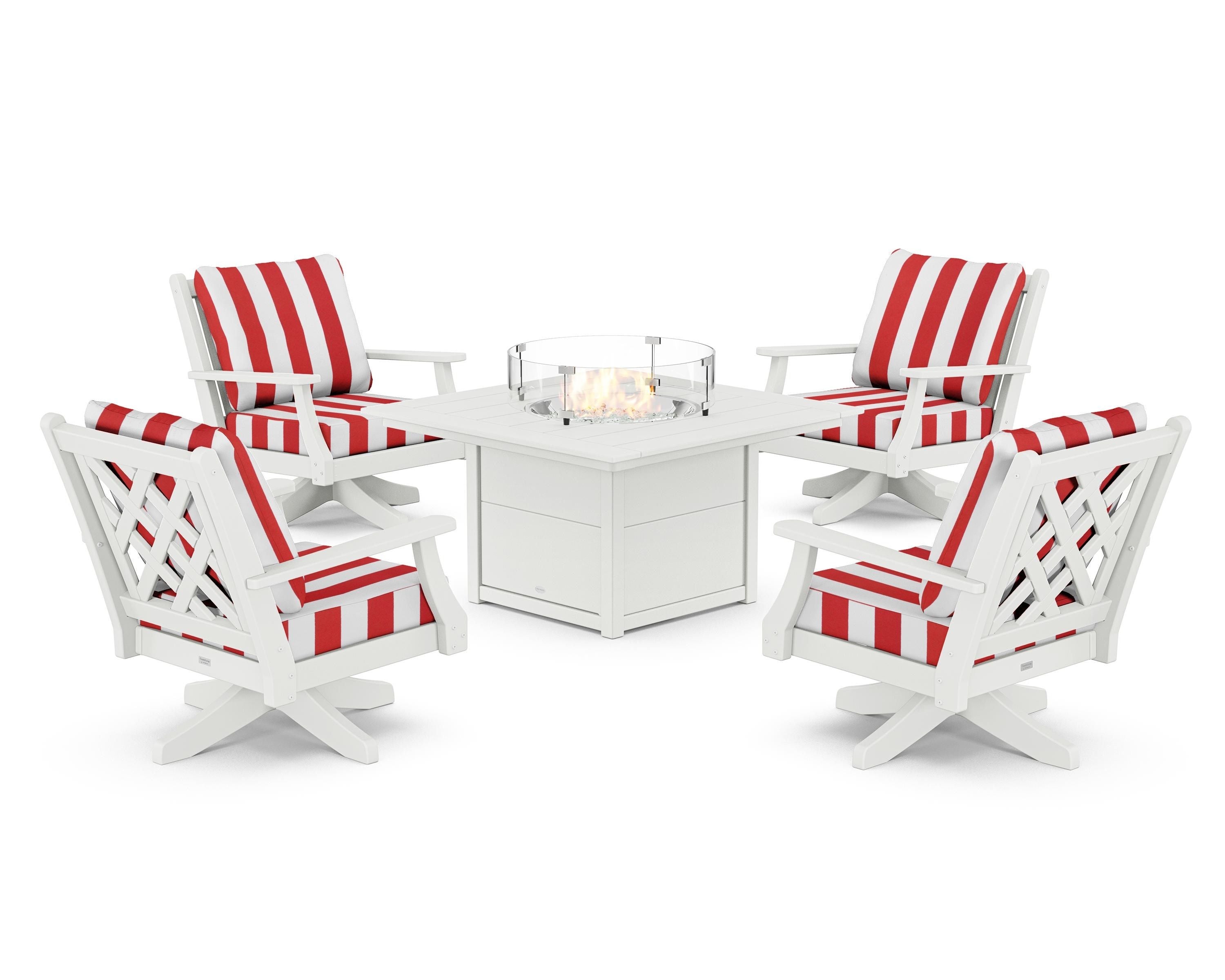 Country Living Wovendale 5-Piece Deep Seating Swivel Conversation Set with Fire Pit Table in White / Cabana Stripe Crimson