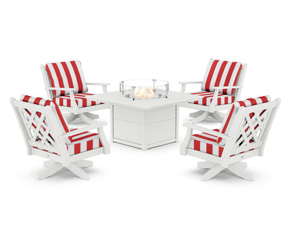 Country Living Wovendale 5-Piece Deep Seating Swivel Conversation Set with Fire Pit Table in White / Cabana Stripe Crimson