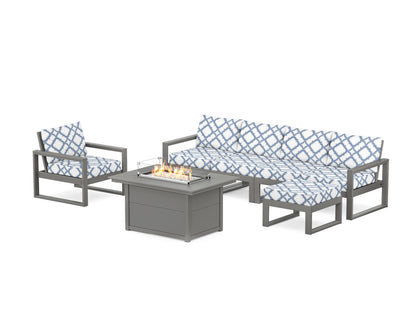 POLYWOOD® EDGE Sectional Lounge and Fire Pit Set in Slate Grey / Trellis Sky Blue