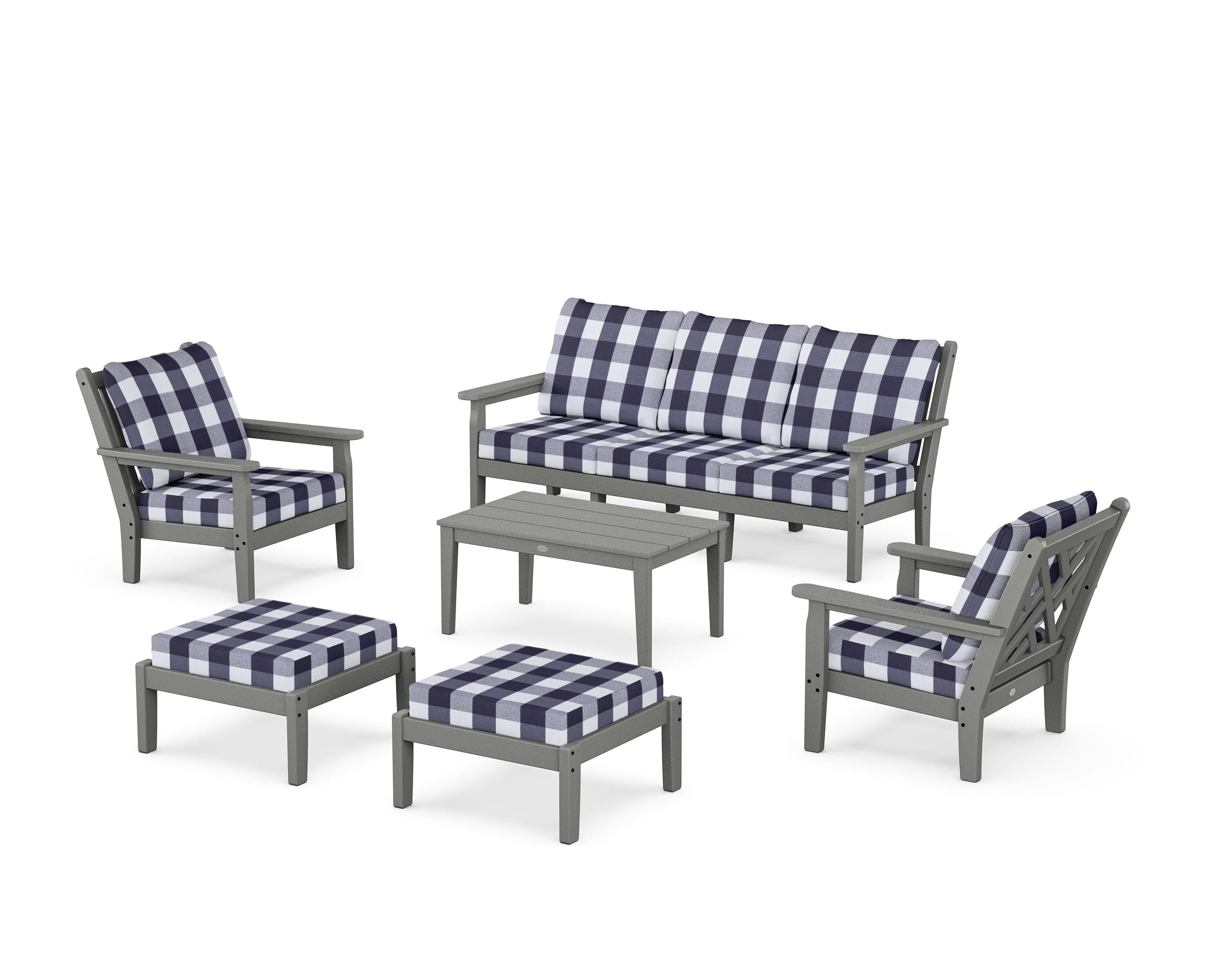 POLYWOOD® Chippendale 6-Piece Lounge Sofa Set in Slate Grey / Buffalo Plaid Navy