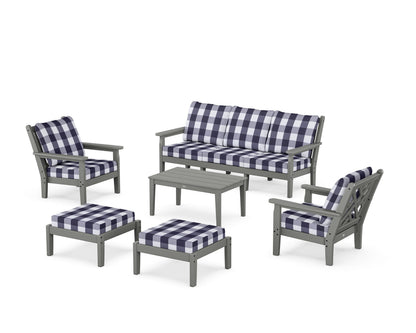 POLYWOOD® Chippendale 6-Piece Lounge Sofa Set in Slate Grey / Buffalo Plaid Navy