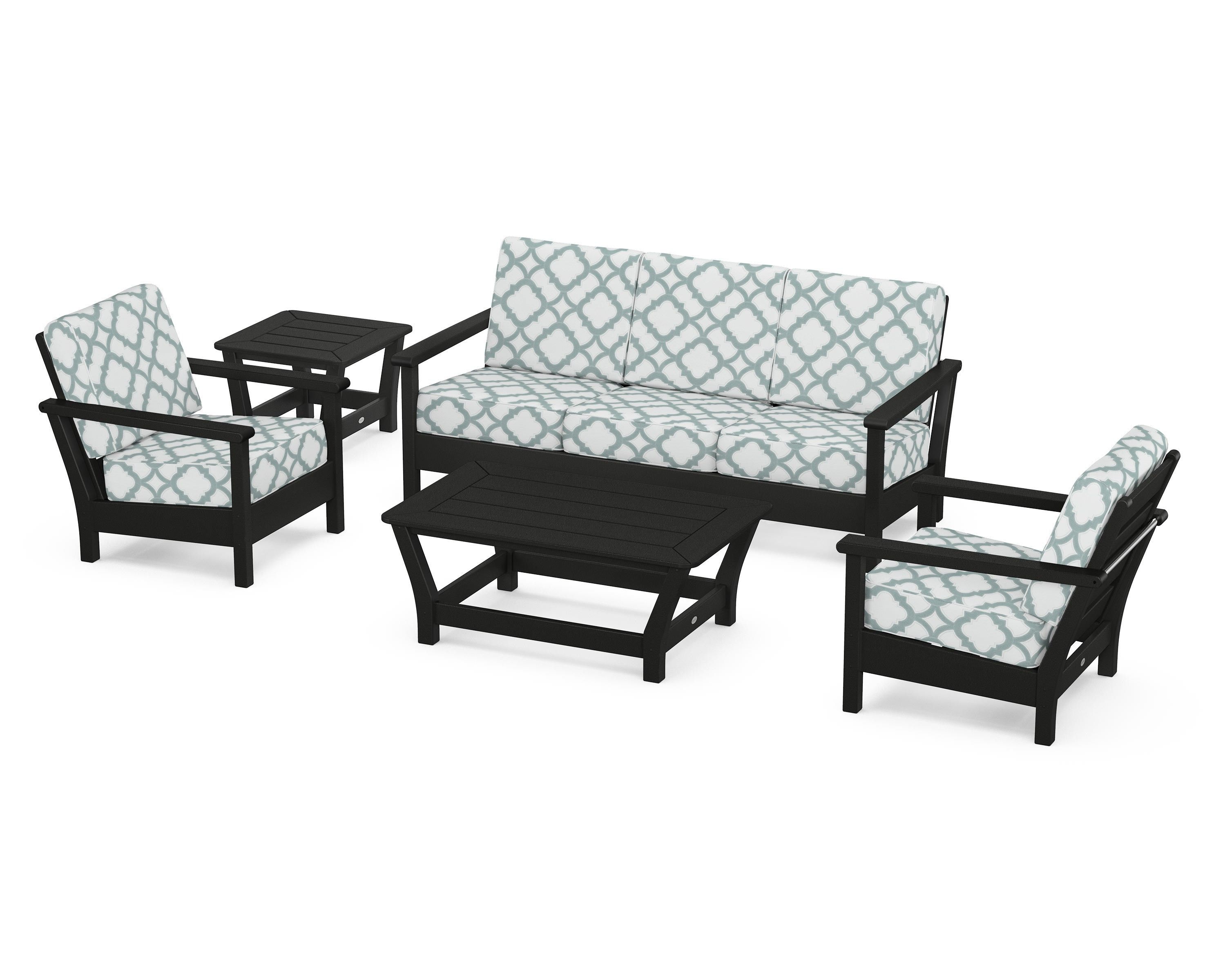POLYWOOD® Harbour 5-Piece Deep Seating Set in Black / Trellis Glacier Spa