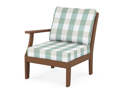 POLYWOOD® Braxton Modular Left Arm Chair in Teak / Buffalo Plaid Glacier Spa
