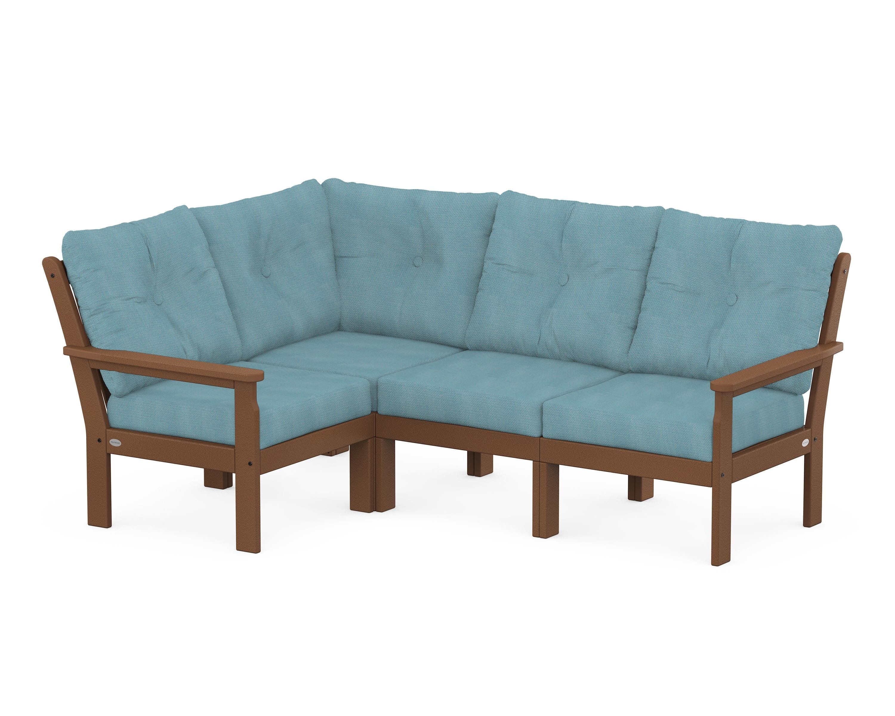POLYWOOD® Vineyard 4-Piece Sectional in Teak / Lattice Sky Blue