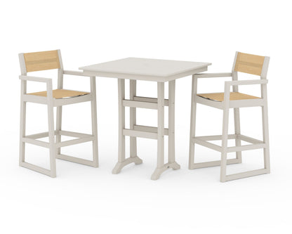 POLYWOOD® EDGE Sling Arm Chair 3-Piece Farmhouse Bar Set with Trestle Legs in Sand / Dupioni Apricot Sling