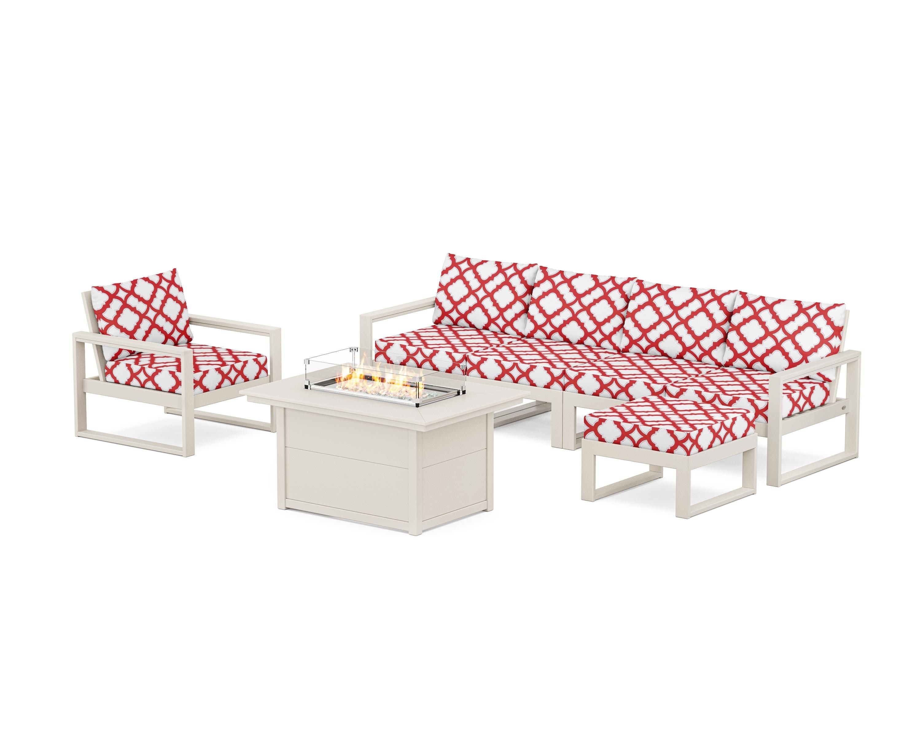 POLYWOOD® EDGE Sectional Lounge and Fire Pit Set in Sand / Trellis Crimson