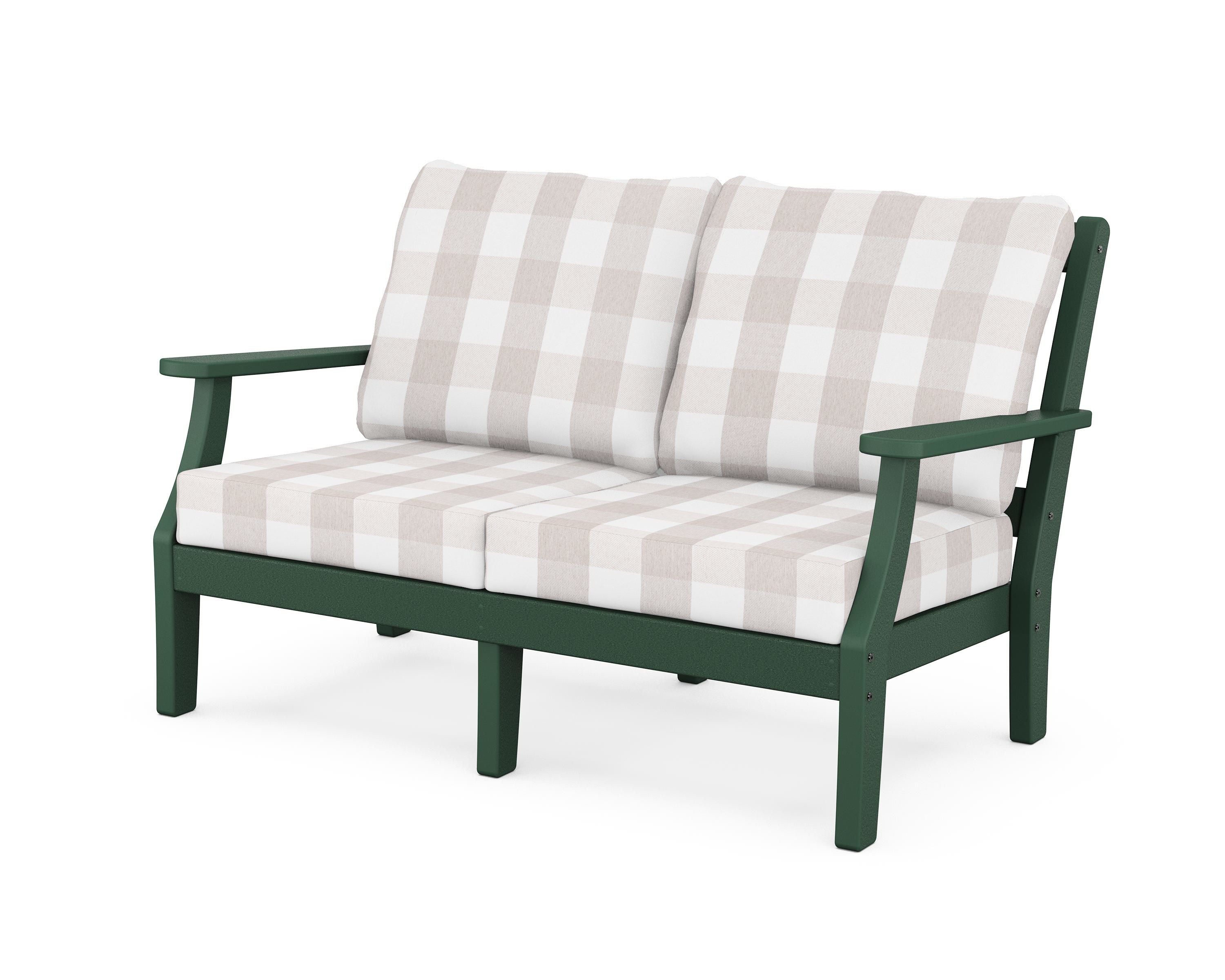 Martha Stewart by POLYWOOD® Chinoiserie Deep Seating Loveseat in Green / Buffalo Plaid Dune Burlap