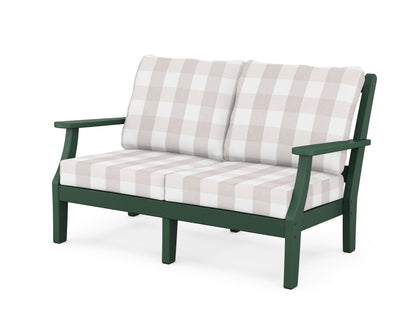 Martha Stewart by POLYWOOD® Chinoiserie Deep Seating Loveseat in Green / Buffalo Plaid Dune Burlap