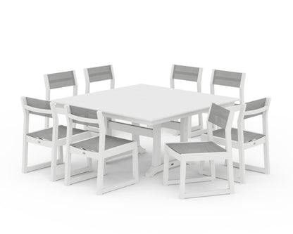 POLYWOOD® EDGE Sling Side Chair 9-Piece Farmhouse Trestle Dining Set in White / Metallic Sling